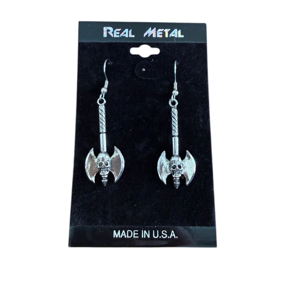 Y2K 00s Real Metal Skull Double Axe Dangle Earrings USA Made NOS NWT